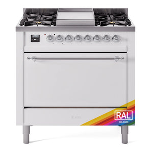 ILVE Nostalgie II 36-Inch Dual Fuel Range with 6 Sealed Burners + Griddle, 3.5 cu. ft. Oven, RAL with Chrome Trim, Natural Gas, Solid Door, UP36FQNMPRAC