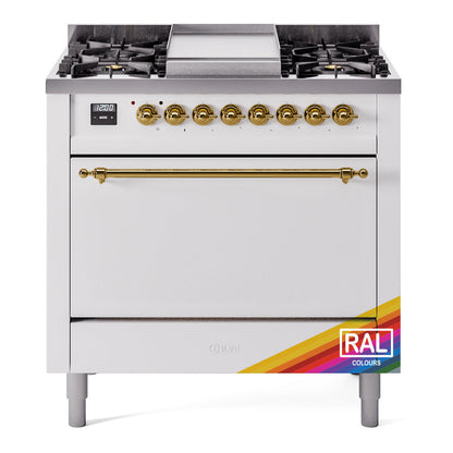 ILVE Nostalgie II 36-Inch Dual Fuel Range with 6 Sealed Burners + Griddle, 3.5 cu. ft. Oven, RAL with Brass Trim, Liquid Propane, Solid Door, UP36FQNMPRAGLP