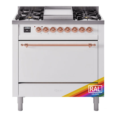 ILVE Nostalgie II 36-Inch Dual Fuel Range with 6 Sealed Burners + Griddle, 3.5 cu. ft. Oven, RAL with Copper Trim, Natural Gas, Solid Door, UP36FQNMPRAP