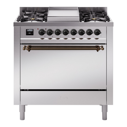 ILVE Nostalgie II 36-Inch Dual Fuel Range with 6 Sealed Burners + Griddle, 3.5 cu. ft. Oven, Stainless Steel with Burnished Trim, Natural Gas, Solid Door, UP36FQNMPSSB