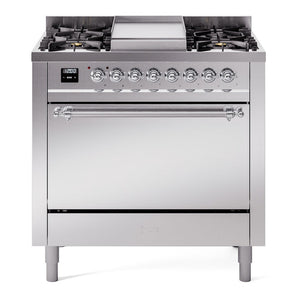 ILVE Nostalgie II 36-Inch Dual Fuel Range with 6 Sealed Burners + Griddle, 3.5 cu. ft. Oven, Stainless Steel with Chrome Trim, Liquid Propane, Solid Door, UP36FQNMPSSCLP