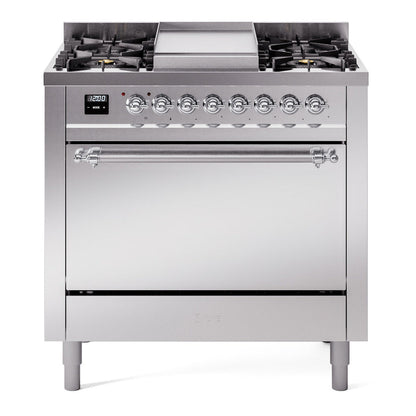 ILVE Nostalgie II 36-Inch Dual Fuel Range with 6 Sealed Burners + Griddle, 3.5 cu. ft. Oven, Stainless Steel with Chrome Trim, Liquid Propane, Solid Door, UP36FQNMPSSCLP