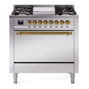ILVE Nostalgie II 36-Inch Dual Fuel Range with 6 Sealed Burners + Griddle, 3.5 cu. ft. Oven, Stainless Steel with Brass Trim, Liquid Propane, Solid Door, UP36FQNMPSSGLP