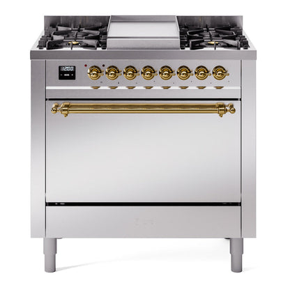 ILVE Nostalgie II 36-Inch Dual Fuel Range with 6 Sealed Burners + Griddle, 3.5 cu. ft. Oven, Stainless Steel with Brass Trim, Liquid Propane, Solid Door, UP36FQNMPSSGLP