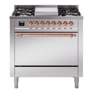 ILVE Nostalgie II 36-Inch Dual Fuel Range with 6 Sealed Burners + Griddle, 3.5 cu. ft. Oven, Stainless Steel with Copper Trim, Liquid Propane, Solid Door, UP36FQNMPSSPLP