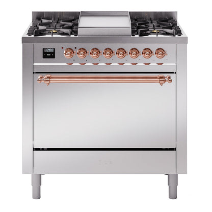 ILVE Nostalgie II 36-Inch Dual Fuel Range with 6 Sealed Burners + Griddle, 3.5 cu. ft. Oven, Stainless Steel with Copper Trim, Liquid Propane, Solid Door, UP36FQNMPSSPLP