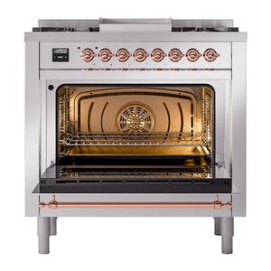 ILVE Nostalgie II 36-Inch Dual Fuel Range with 6 Sealed Burners + Griddle, 3.5 cu. ft. Oven, Stainless Steel with Copper Trim, Liquid Propane, Solid Door, UP36FQNMPSSPLP