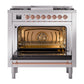 ILVE Nostalgie II 36-Inch Dual Fuel Range with 6 Sealed Burners + Griddle, 3.5 cu. ft. Oven, Stainless Steel with Copper Trim, Natural Gas, Solid Door, UP36FQNMPSSP