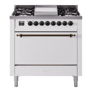 ILVE Nostalgie II 36-Inch Dual Fuel Range with 6 Sealed Burners + Griddle, 3.5 cu. ft. Oven, White with Burnished Trim, Liquid Propane, Solid Door, UP36FQNMPWHBLP