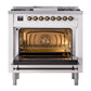 ILVE Nostalgie II 36-Inch Dual Fuel Range with 6 Sealed Burners + Griddle, 3.5 cu. ft. Oven, White with Burnished Trim, Liquid Propane, Solid Door, UP36FQNMPWHBLP