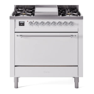 ILVE Nostalgie II 36-Inch Dual Fuel Range with 6 Sealed Burners + Griddle, 3.5 cu. ft. Oven, White with Chrome Trim, Liquid Propane, Solid Door, UP36FQNMPWHCLP