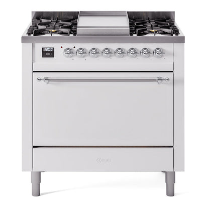 ILVE Nostalgie II 36-Inch Dual Fuel Range with 6 Sealed Burners + Griddle, 3.5 cu. ft. Oven, White with Chrome Trim, Natural Gas, Solid Door, UP36FQNMPWHC