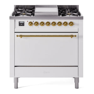 ILVE Nostalgie II 36-Inch Dual Fuel Range with 6 Sealed Burners + Griddle, 3.5 cu. ft. Oven, White with Brass Trim, Liquid Propane, Solid Door, UP36FQNMPWHGLP