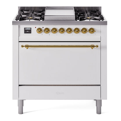 ILVE Nostalgie II 36-Inch Dual Fuel Range with 6 Sealed Burners + Griddle, 3.5 cu. ft. Oven, White with Brass Trim, Natural Gas, Solid Door, UP36FQNMPWHG