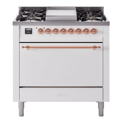 ILVE Nostalgie II 36-Inch Dual Fuel Range with 6 Sealed Burners + Griddle, 3.5 cu. ft. Oven, White with Copper Trim, Liquid Propane, Solid Door, UP36FQNMPWHPLP