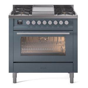 ILVE Professional Plus II 36-Inch Dual Fuel Range with 6 Sealed Burners + Griddle, 3.5 cu. ft. Oven, Blue Grey, Natural Gas, Triple Glass Door, UP36FWMPBG