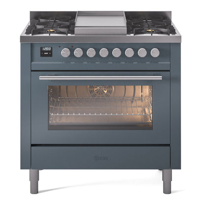 ILVE Professional Plus II 36-Inch Dual Fuel Range with 6 Sealed Burners + Griddle, 3.5 cu. ft. Oven, Blue Grey, Natural Gas, Triple Glass Door, UP36FWMPBG