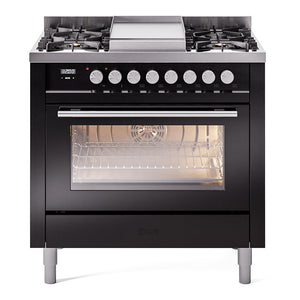 ILVE Professional Plus II 36-Inch Dual Fuel Range with 6 Sealed Burners + Griddle, 3.5 cu. ft. Oven, Glossy Black, Liquid Propane, Triple Glass Door, UP36FWMPBKLP