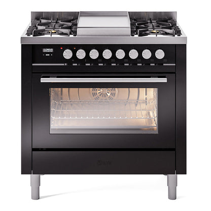 ILVE Professional Plus II 36-Inch Dual Fuel Range with 6 Sealed Burners + Griddle, 3.5 cu. ft. Oven, Glossy Black, Liquid Propane, Triple Glass Door, UP36FWMPBKLP