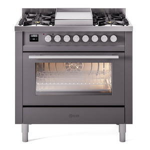 ILVE Professional Plus II 36-Inch Dual Fuel Range with 6 Sealed Burners + Griddle, 3.5 cu. ft. Oven, Graphite Matte, Liquid Propane, Triple Glass Door, UP36FWMPMGLP