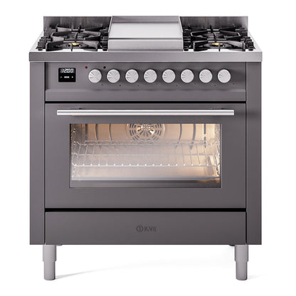 ILVE Professional Plus II 36-Inch Dual Fuel Range with 6 Sealed Burners + Griddle, 3.5 cu. ft. Oven, Graphite Matte, Liquid Propane, Triple Glass Door, UP36FWMPMGLP