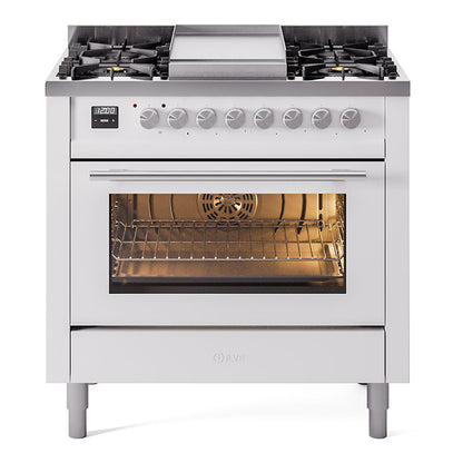 ILVE Professional Plus II 36-Inch Dual Fuel Range with 6 Sealed Burners + Griddle, 3.5 cu. ft. Oven, White, Liquid Propane, Triple Glass Door, UP36FWMPWHLP