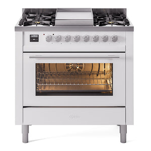 ILVE Professional Plus II 36-Inch Dual Fuel Range with 6 Sealed Burners + Griddle, 3.5 cu. ft. Oven, White, Natural Gas, Triple Glass Door, UP36FWMPWH