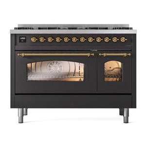 ILVE Nostalgie II 48-Inch Dual Fuel Range with 8 Sealed Burners, 5.02 cu. ft. Oven, Graphite Matte with Brass Trim, Liquid Propane, Triple Glass Door, UP488NMPMGGLP