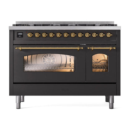 ILVE Nostalgie II 48-Inch Dual Fuel Range with 8 Sealed Burners, 5.02 cu. ft. Oven, Graphite Matte with Brass Trim, Liquid Propane, Triple Glass Door, UP488NMPMGGLP