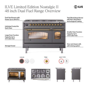 ILVE Nostalgie II 48-Inch Dual Fuel Range with 8 Sealed Burners, 5.02 cu. ft. Oven, Graphite Matte with Brass Trim, Liquid Propane, Triple Glass Door, UP488NMPMGGLP