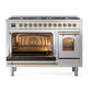 ILVE Nostalgie II 48-Inch Dual Fuel Range with 8 Sealed Burners, 5.02 cu. ft. Oven, Stainless Steel with Brass Trim, Liquid Propane, Triple Glass Door, UP488NMPSSGLP
