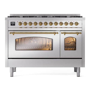 ILVE Nostalgie II 48-Inch Dual Fuel Range with 8 Sealed Burners, 5.02 cu. ft. Oven, Stainless Steel with Brass Trim, Natural Gas, Triple Glass Door, UP488NMPSSG