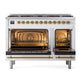 ILVE Nostalgie II 48-Inch Dual Fuel Range with 8 Sealed Burners, 5.02 cu. ft. Oven, White with Brass Trim, Liquid Propane, Triple Glass Door, UP488NMPWHGLP