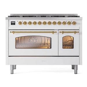 ILVE Nostalgie II 48-Inch Dual Fuel Range with 8 Sealed Burners, 5.02 cu. ft. Oven, White with Brass Trim, Natural Gas, Triple Glass Door, UP488NMPWHG