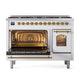 ILVE Nostalgie II 48-Inch Dual Fuel Range with 8 Sealed Burners, 5.02 cu. ft. Oven, White with Brass Trim, Natural Gas, Triple Glass Door, UP488NMPWHG