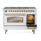 ILVE Nostalgie II 48-Inch Dual Fuel Range with 8 Sealed Burners, 5.02 cu. ft. Oven, White with Brass Trim, Natural Gas, Triple Glass Door, UP488NMPWHG