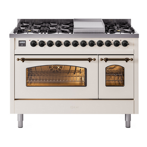 ILVE Nostalgie II 48-Inch Dual Fuel Range with 8 Sealed Burners + Griddle, 5.02 cu. ft. Oven, Antique White with Burnished Trim, Liquid Propane, Triple Glass Door, UP48FNMPAWBLP