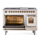 ILVE Nostalgie II 48-Inch Dual Fuel Range with 8 Sealed Burners + Griddle, 5.02 cu. ft. Oven, Antique White with Burnished Trim, Liquid Propane, Triple Glass Door, UP48FNMPAWBLP
