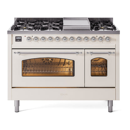 ILVE Nostalgie II 48-Inch Dual Fuel Range with 8 Sealed Burners + Griddle, 5.02 cu. ft. Oven, Antique White with Chrome Trim, Natural Gas, Triple Glass Door, UP48FNMPAWC