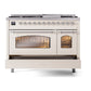 ILVE Nostalgie II 48-Inch Dual Fuel Range with 8 Sealed Burners + Griddle, 5.02 cu. ft. Oven, Antique White with Chrome Trim, Natural Gas, Triple Glass Door, UP48FNMPAWC