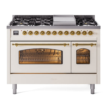 ILVE Nostalgie II 48-Inch Dual Fuel Range with 8 Sealed Burners + Griddle, 5.02 cu. ft. Oven, Antique White with Brass Trim, Liquid Propane, Triple Glass Door, UP48FNMPAWGLP