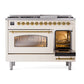 ILVE Nostalgie II 48-Inch Dual Fuel Range with 8 Sealed Burners + Griddle, 5.02 cu. ft. Oven, Antique White with Brass Trim, Liquid Propane, Triple Glass Door, UP48FNMPAWGLP