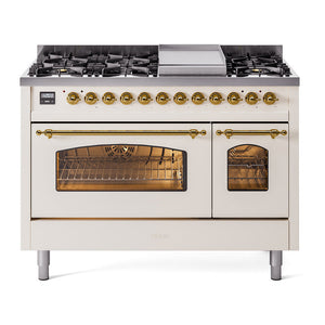 ILVE Nostalgie II 48-Inch Dual Fuel Range with 8 Sealed Burners + Griddle, 5.02 cu. ft. Oven, Antique White with Brass Trim, Natural Gas, Triple Glass Door, UP48FNMPAWG
