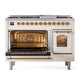 ILVE Nostalgie II 48-Inch Dual Fuel Range with 8 Sealed Burners + Griddle, 5.02 cu. ft. Oven, Antique White with Brass Trim, Natural Gas, Triple Glass Door, UP48FNMPAWG