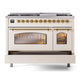 ILVE Nostalgie II 48-Inch Dual Fuel Range with 8 Sealed Burners + Griddle, 5.02 cu. ft. Oven, Antique White with Brass Trim, Natural Gas, Triple Glass Door, UP48FNMPAWG