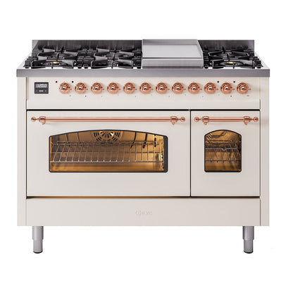 ILVE Nostalgie II 48-Inch Dual Fuel Range with 8 Sealed Burners + Griddle, 5.02 cu. ft. Oven, Antique White with Copper Trim, Liquid Propane, Triple Glass Door, UP48FNMPAWPLP