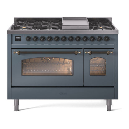ILVE Nostalgie II 48-Inch Dual Fuel Range with 8 Sealed Burners + Griddle, 5.02 cu. ft. Oven, Blue Grey with Burnished Trim, Natural Gas, Triple Glass Door, UP48FNMPBGB