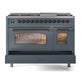 ILVE Nostalgie II 48-Inch Dual Fuel Range with 8 Sealed Burners + Griddle, 5.02 cu. ft. Oven, Blue Grey with Burnished Trim, Natural Gas, Triple Glass Door, UP48FNMPBGB