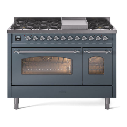 ILVE Nostalgie II 48-Inch Dual Fuel Range with 8 Sealed Burners + Griddle, 5.02 cu. ft. Oven, Blue Grey with Chrome Trim, Natural Gas, Triple Glass Door, UP48FNMPBGC
