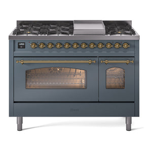 ILVE Nostalgie II 48-Inch Dual Fuel Range with 8 Sealed Burners + Griddle, 5.02 cu. ft. Oven, Blue Grey with Brass Trim, Liquid Propane, Triple Glass Door, UP48FNMPBGGLP